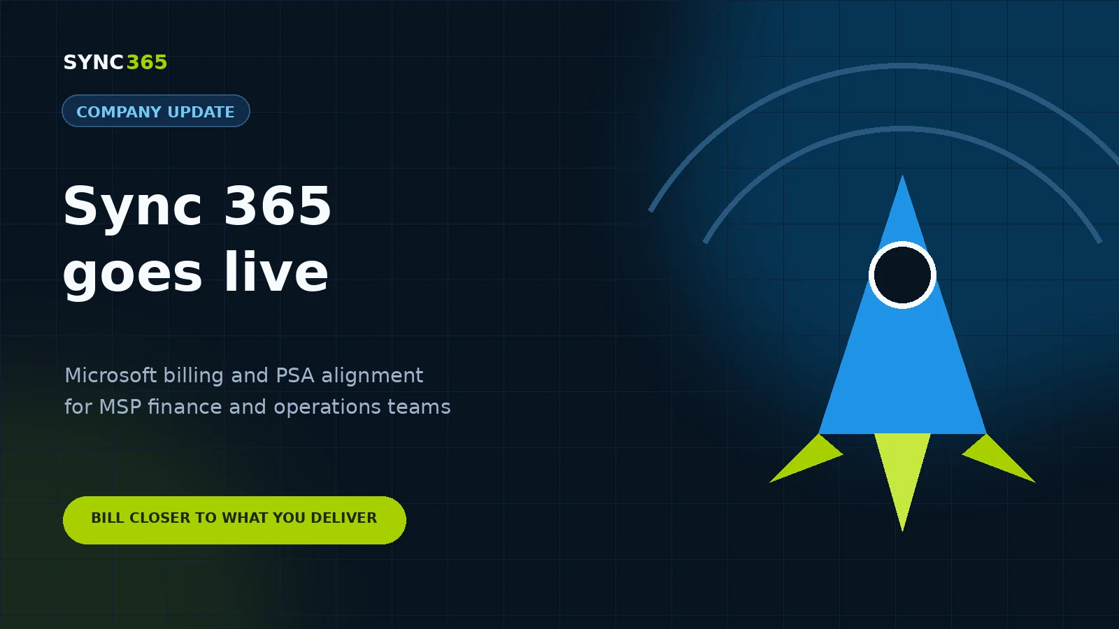 Rocket launch illustration marking the Sync 365 go-live announcement