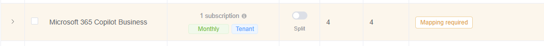 A Sync 365 licence row highlighted because its billing profile mapping is missing