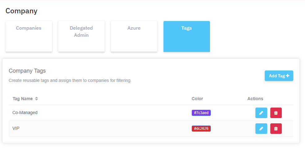 Sync 365 company tag management showing reusable colour-coded tags