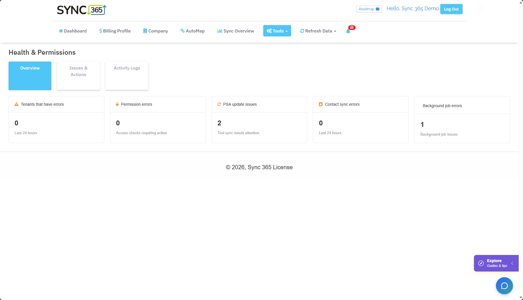 Sync 365 Health and Permissions overview with issue categories and counts