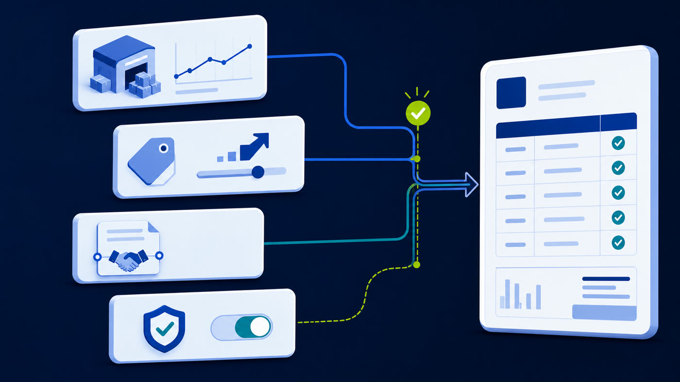 Four billing control inputs aligning into an invoice review