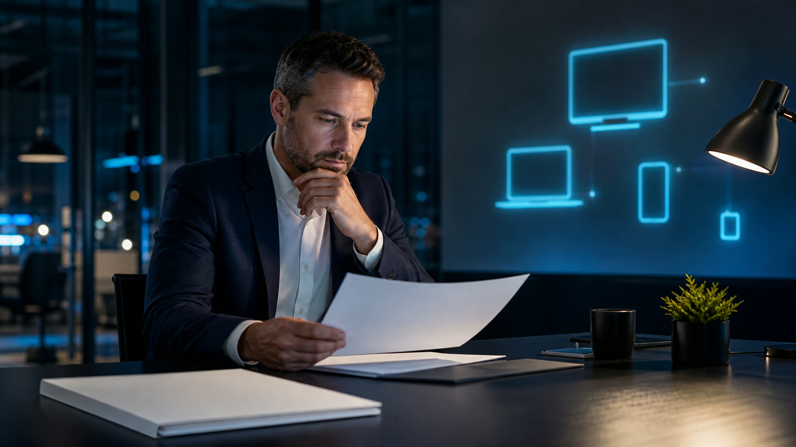 MSP finance professional reviewing an invoice while newly active endpoint devices appear behind him