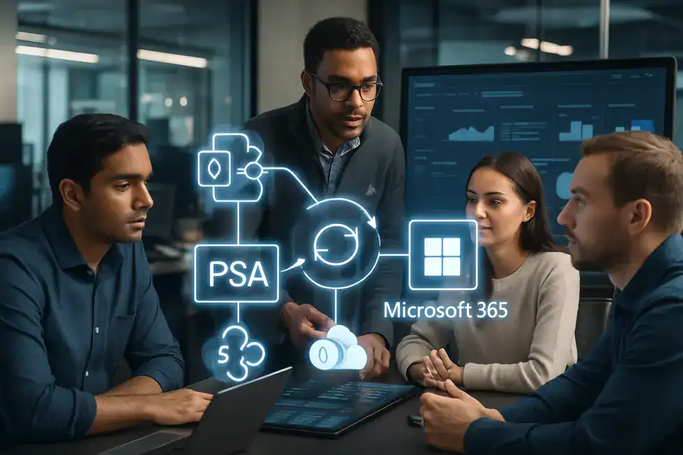 Team reviews a dashboard connecting Microsoft subscriptions, PSA billing and customer self-service