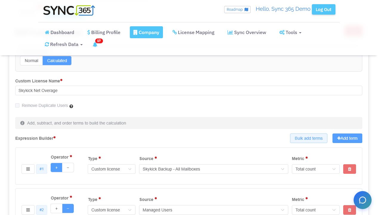 Sync 365 calculated custom licence expression builder adding SkyKick backup mailboxes and subtracting managed users