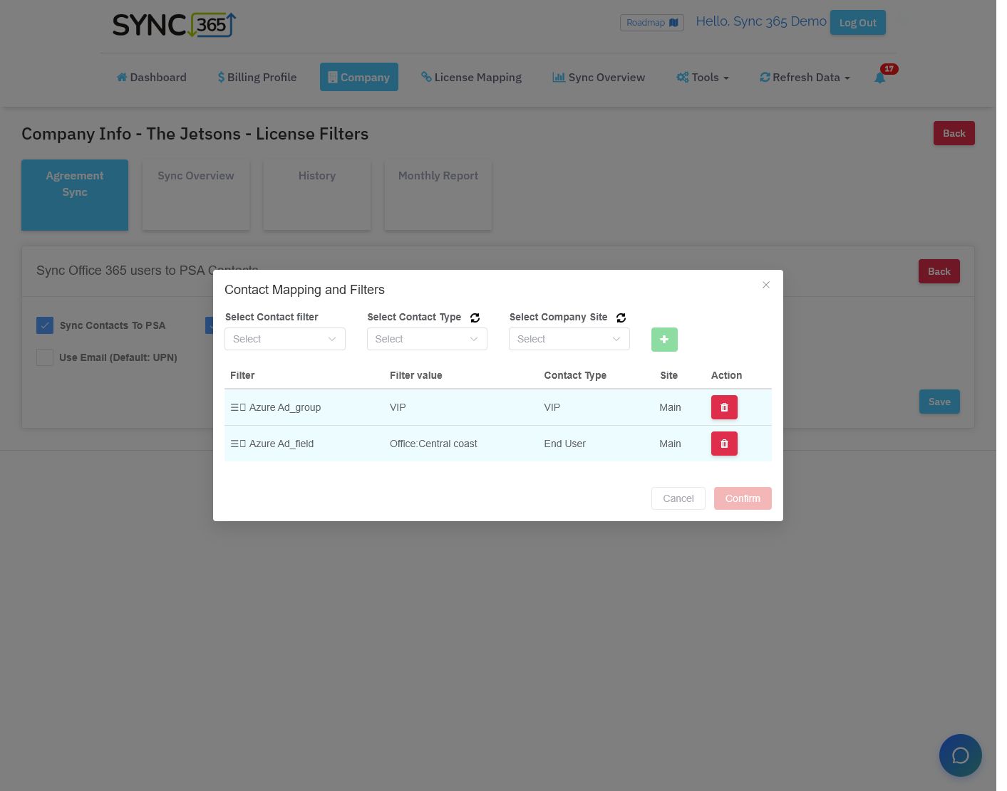 Sync 365 contact mapping dialog showing Microsoft Entra group and office filters mapped to PSA contact types and sites