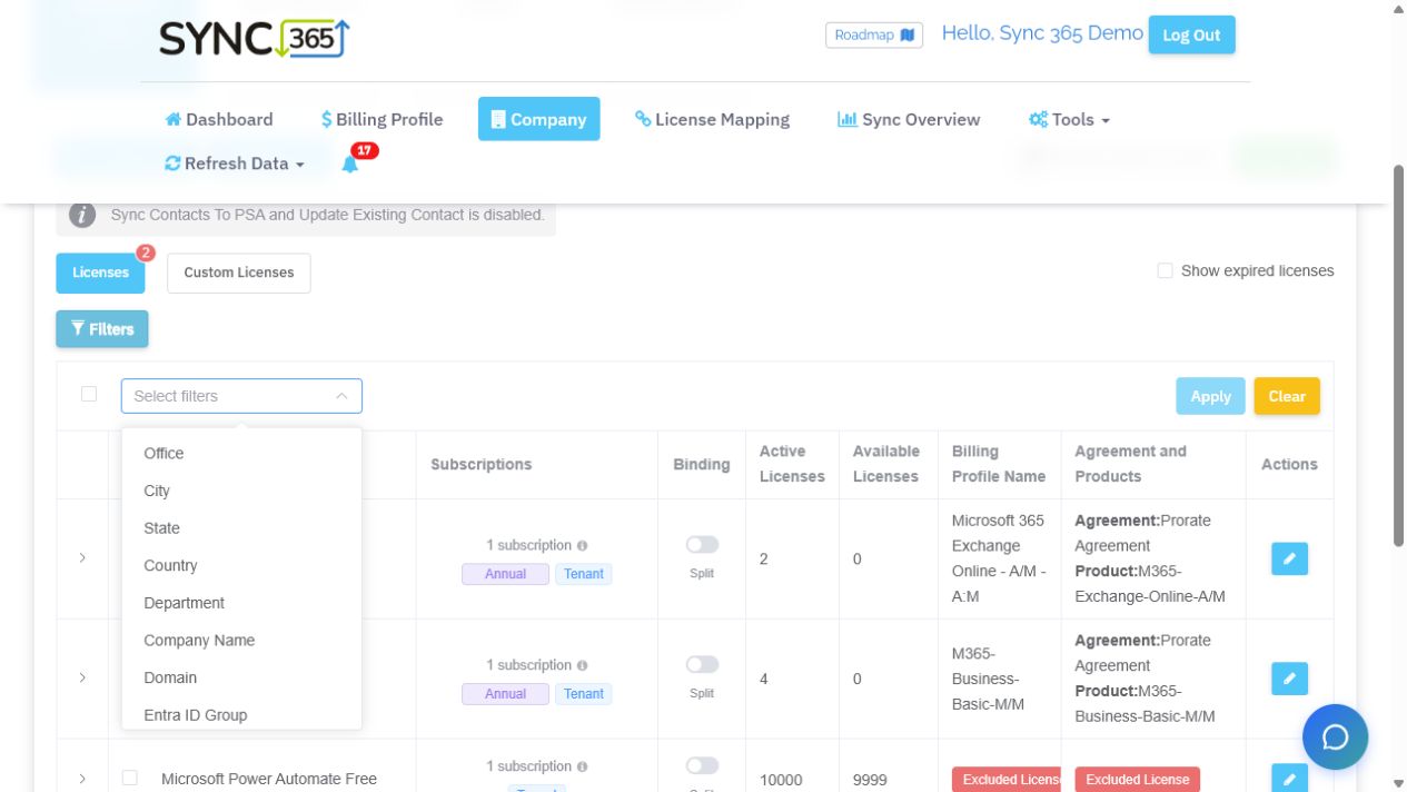 Sync 365 licence filtering menu showing office, city, state, country, department, company name, domain and Entra ID group options
