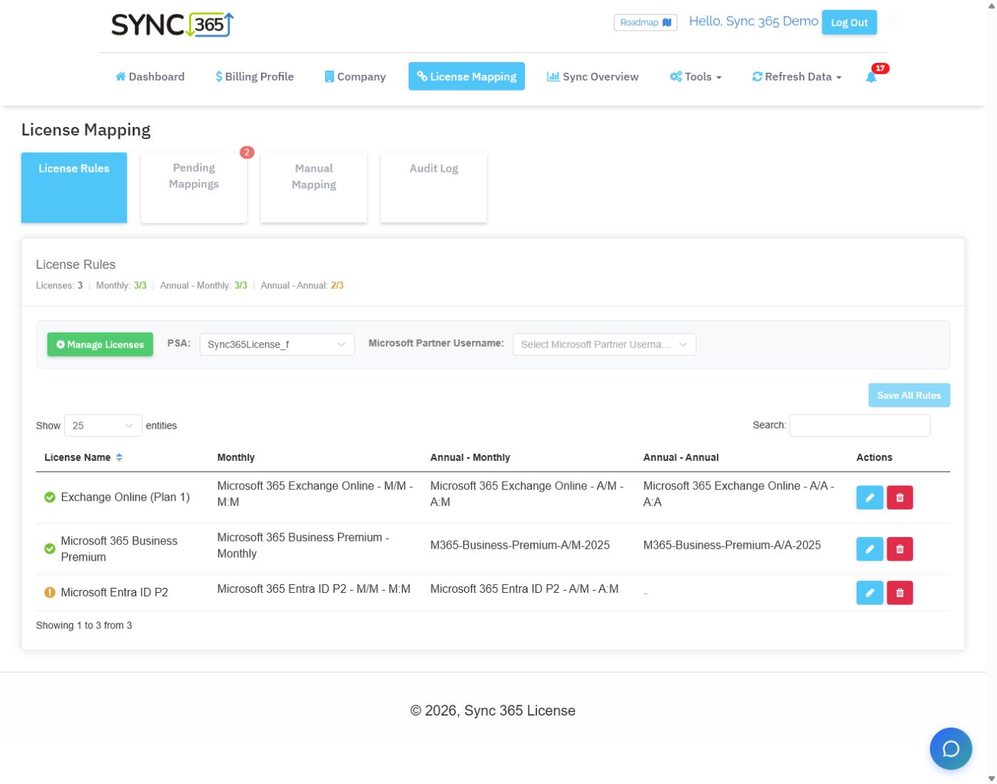 Sync 365 automated licence mapping screen showing Microsoft licence defaults for monthly and annual commitment terms
