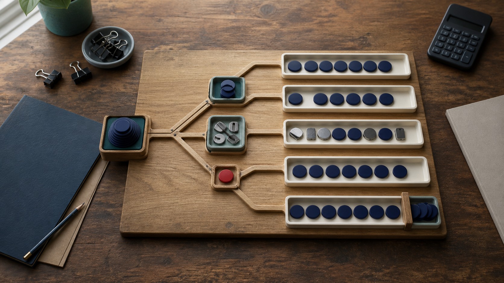 A physical sorting board branches one source stack into five billing lanes with filtered, endpoint, exception and minimum treatments