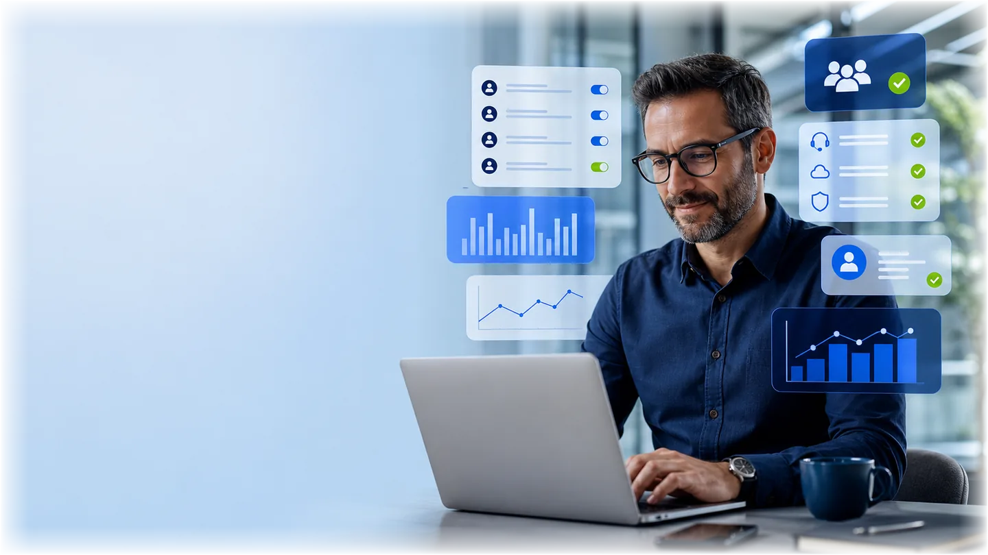 MSP billing operator reviewing managed-user, recurring-service, and PSA alignment dashboards