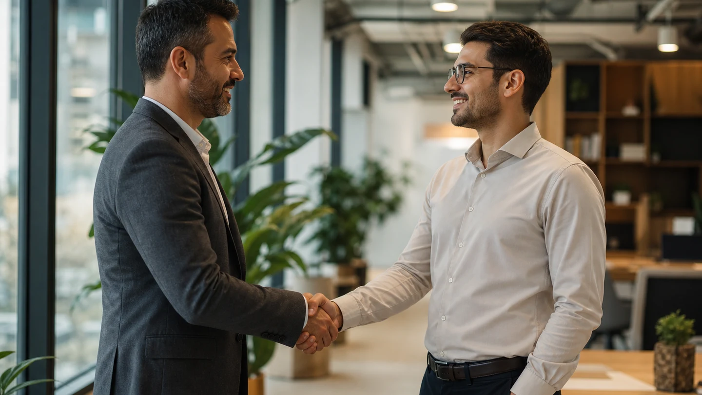 Two business professionals shaking hands in a modern office, representing a trusted technology partnership