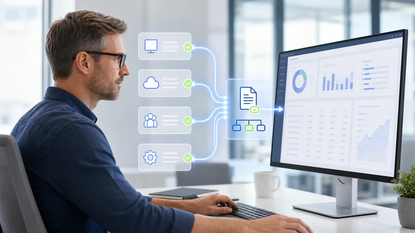 MSP finance specialist reviewing four connected billing data streams before PSA reconciliation
