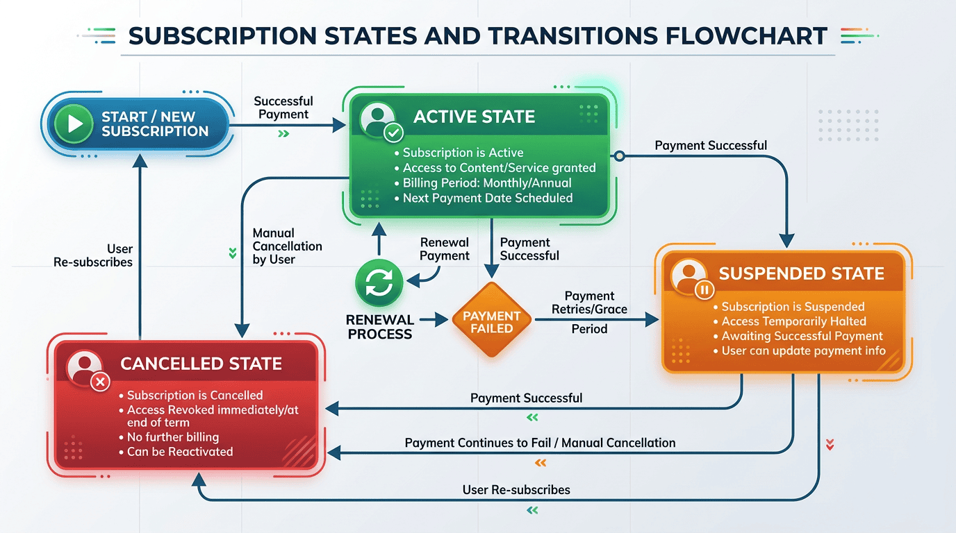 Flowchart of Microsoft CSP subscription states including active, suspended and cancelled