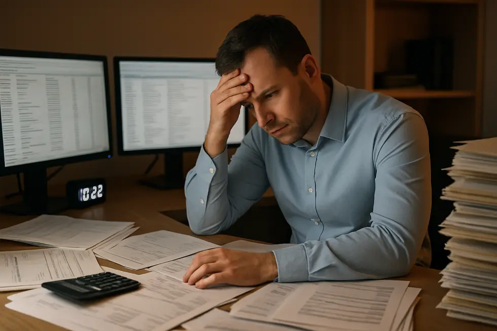 Finance staff grappling with billing errors and license spreadsheets, highlighting manual reconciliation challenges.