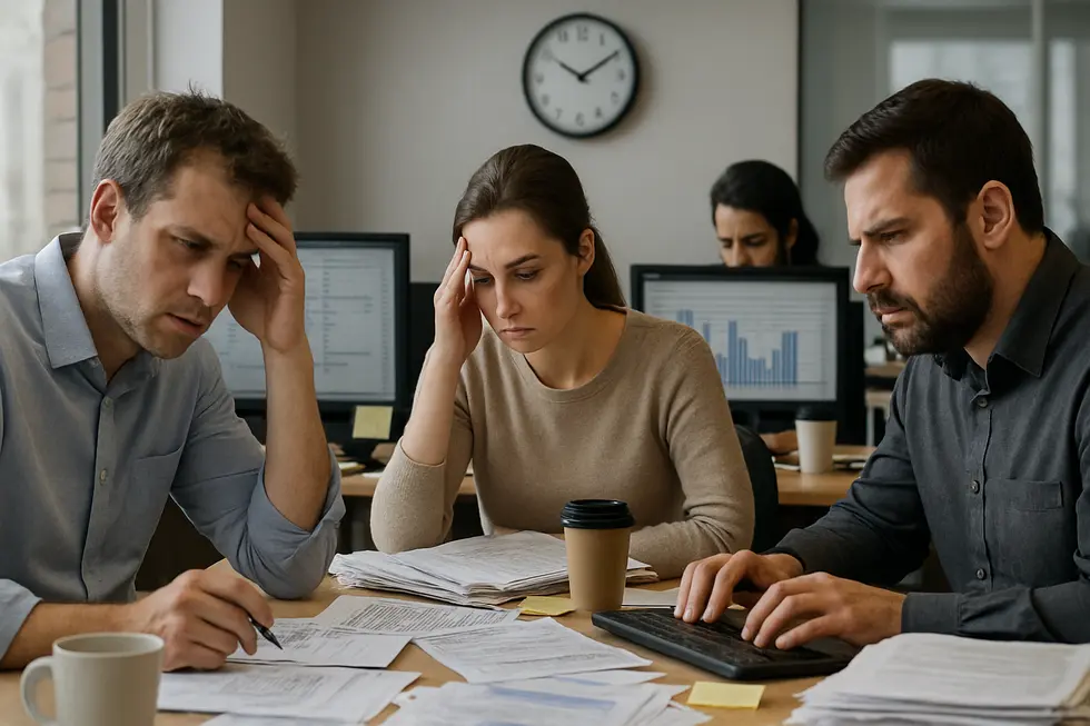 Finance staff grappling with billing errors and license spreadsheets, highlighting manual reconciliation challenges.