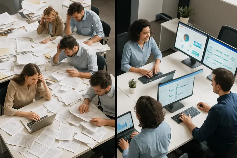 Office divided between manual chaos and streamlined automation, illustrating the difference in license reconciliation for MSPs.