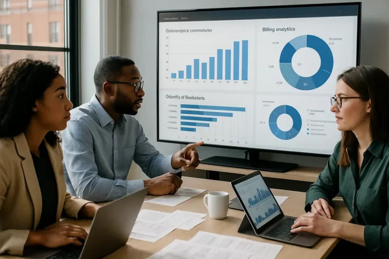 A diverse MSP team reviewing Microsoft NCE billing and subscription analytics on a large screen in a modern office.