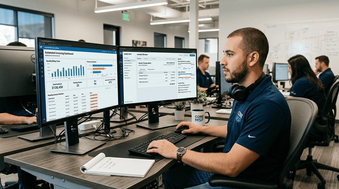MSP technician reviewing automated billing and invoice reconciliation metrics on dual monitors